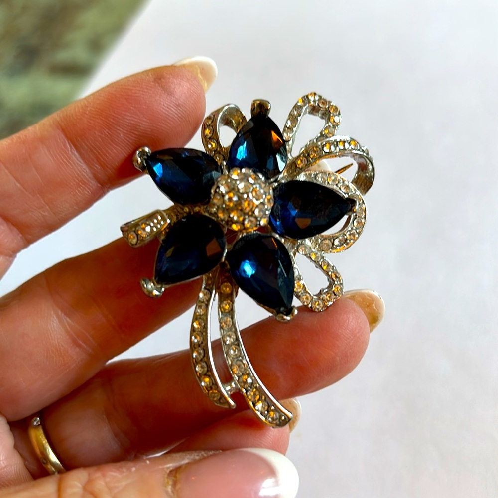 Elegant Floral Brooch Deep Blue & AB Stones